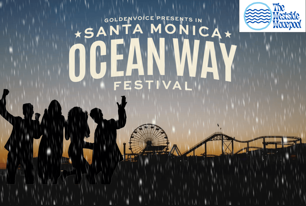 Silhouettes of a group of people celebrating in front of a sunset background featuring the Santa Monica Pier and carnival rides, with rain overlay and text announcing the Ocean Way Festival.